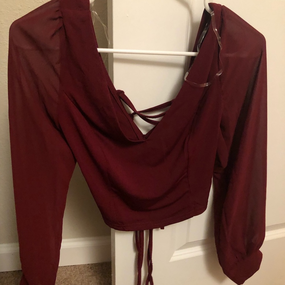 Sheer Sleeve Lace Up Crop Top SMALL